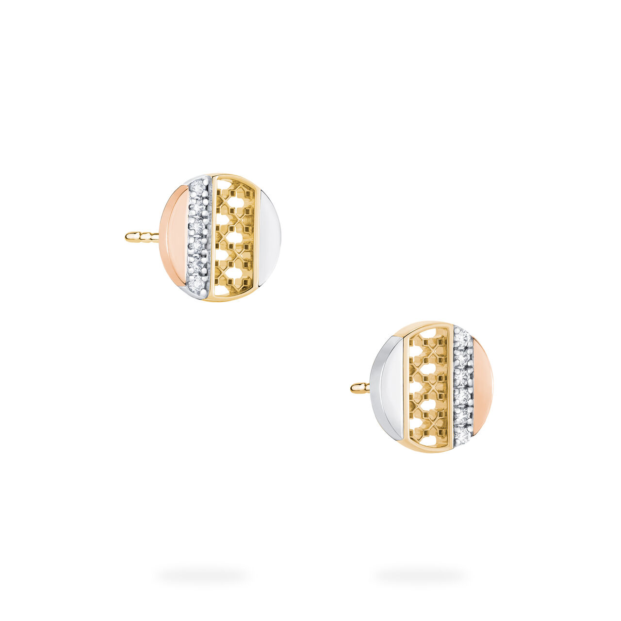Birks Dare to Dream earrings featuring diamond-set circle motifs in white, yellow, and rose gold image number 3